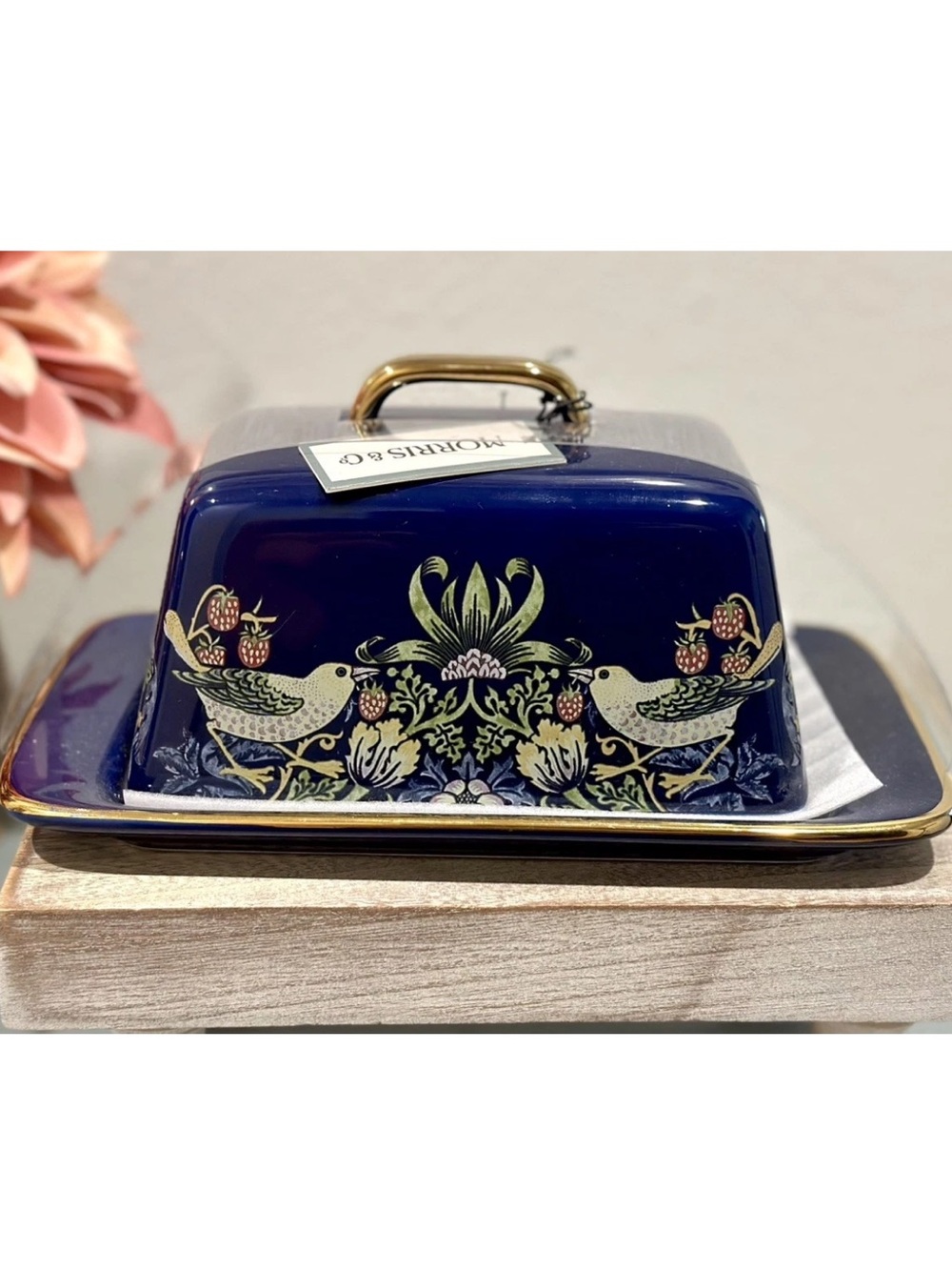 NEW Morris & Co Strawberry
Thief Butter Dish Blue with gold trim.